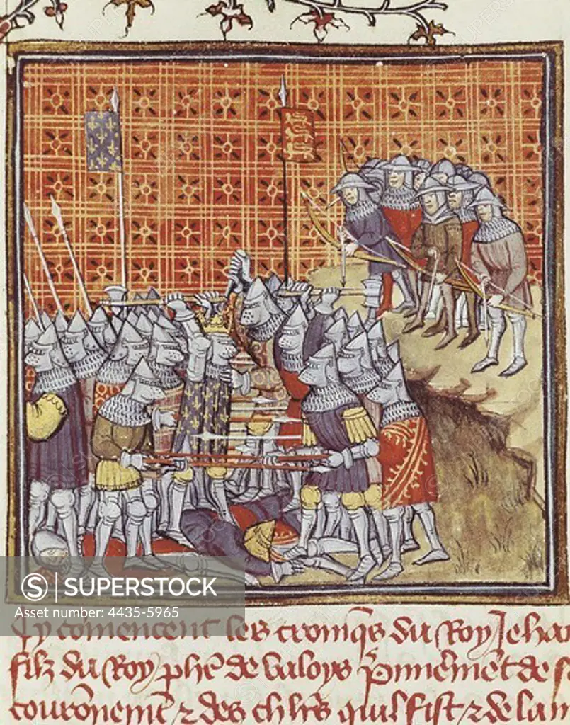 Edward of Woodstock's English army defeating Jean II's French army. Poitiers battle, 1356. Illustration from 'Grandes Chroniques de France' (14th century). Gothic art. Miniature Painting. FRANCE. PICARDY. OISE. Chantilly. MusŽe CondŽ (CondŽ Museum).