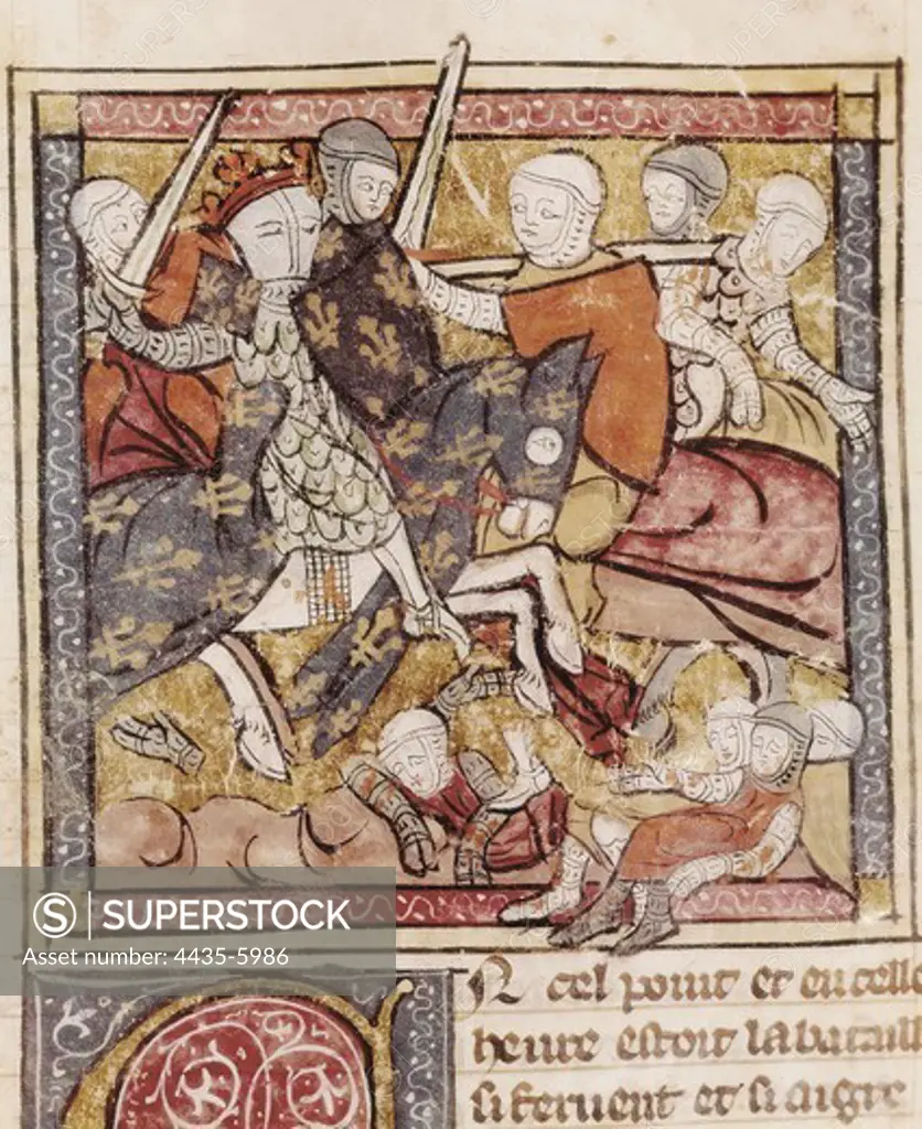 Capture of Infante Fernando, Count of Flanders, in the battle of Bouvines (February 27th, 1214). Illustration on page 285 of Grandes Chroniques de France' (14th century). Gothic art. Miniature Painting. FRANCE. MIDI-PYRƒNƒES. TARN. Castres. Bibliothque Municipale.