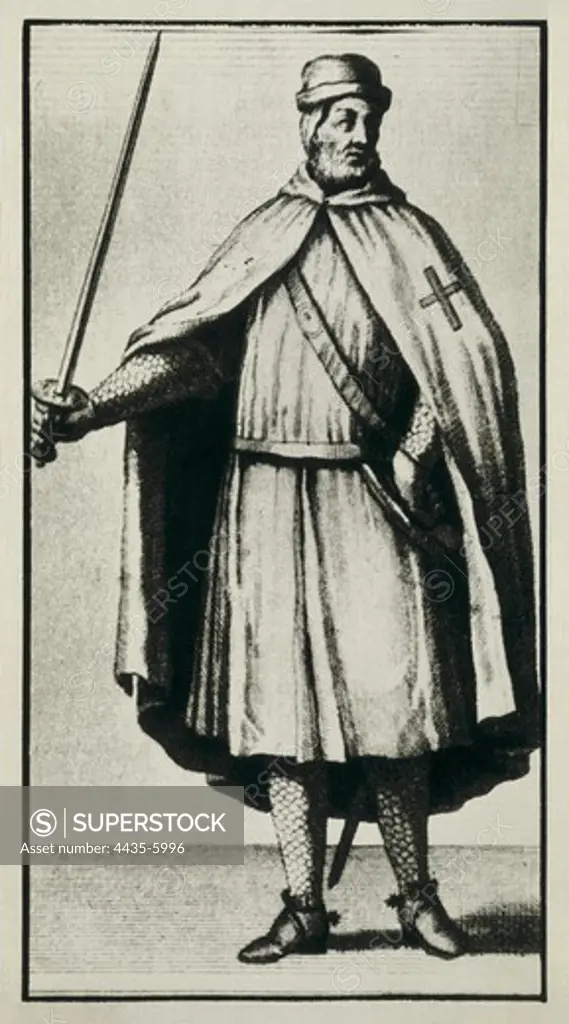 Templar Knight wearing a war dress. Illustration from 17th century. Engraving.