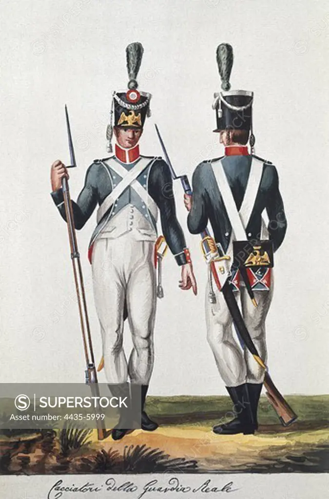 Army of the Kingdom of Italy. 'Gendarmerie scelta della Guardia Reale', 1808. Napoleonic epoch. Engraving.