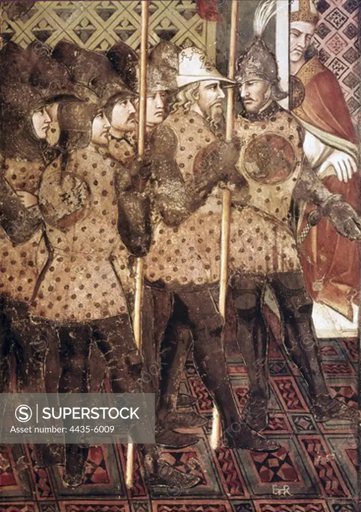 ARETINO, Spinello di Luca Spinelli, called (1350-1410). Pope Alexander III Receives an Ambassador. 1407. ITALY. Siena. Public Palace. Detail of the soldiers of the ambassador's entourage. Gothic art. Fresco.