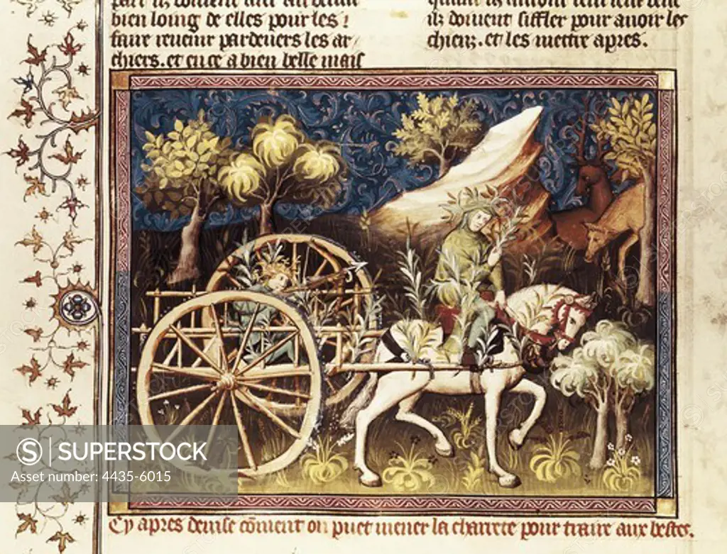 GASTON III de Foix-BŽarn (1331 - 1391). Book of the Hunt (Livre de Chasse). 1387 - 1389. Hunters camouflaged with leaves. Illustration of 15th c. Gothic art. Miniature Painting. FRANCE. ëLE-DE-FRANCE. Paris. National Library.