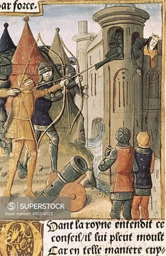 Queen Guinevere reinforcing the London tower to protect herself from Morder. Illustracin of Chretien de Troyes' work 'Lancelot' or 'Le chavelier ˆ la charrette', by Antoine Verard. Gothic art. Miniature Painting. FRANCE. ëLE-DE-FRANCE. Paris. National Library.