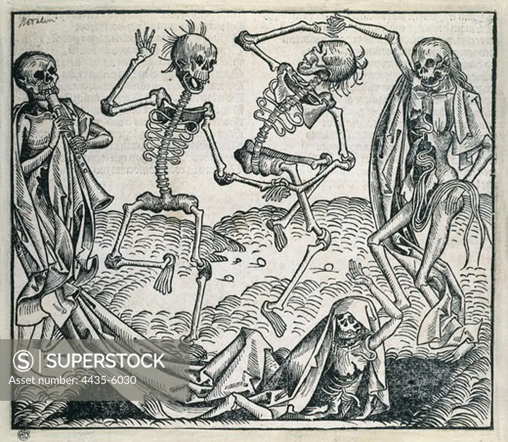 Liber Chronicarum (Nuremberg Chronicle). 1493. Danse Macabre or Dance of Death (1493). Picture by Michael Wolgemut from 'Liber chronicarum' by Hartmann Schedel. Renaissance art. Xylography.