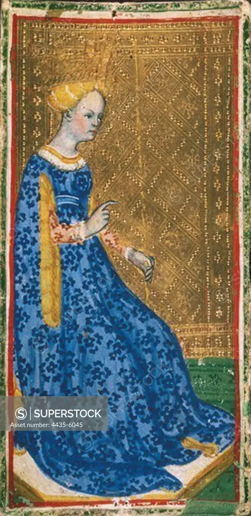 BEMBO, Bonifacio (1420-1482). Tarot Card: The Queen of Swords. 1444-1477. Renaissance art. Quattrocento. Painting. ITALY. LOMBARDY. Milan. Pinacotheca of Brera.