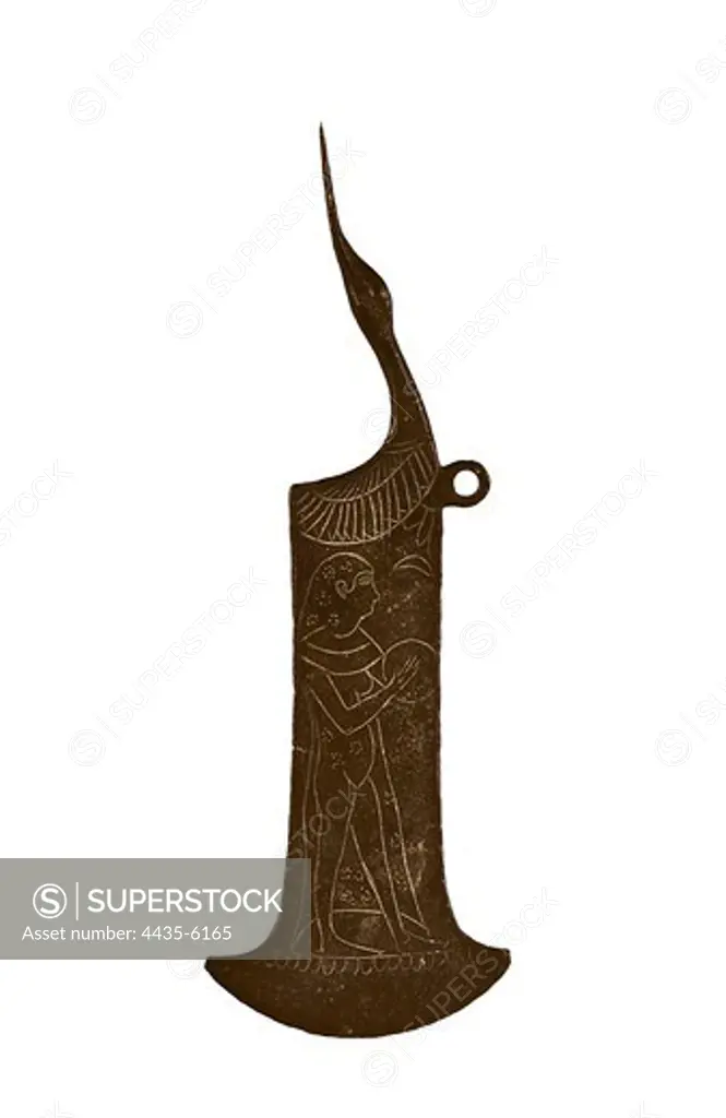 Bronze cutthroat razor shaped as a duck. Carthaginian art. Jewelry. SPAIN. MADRID (AUTONOMOUS COMMUNITY). Madrid. National Museum of Archaeology. Proc: SPAIN. BALEARES. IBIZA. Puig des Molins.