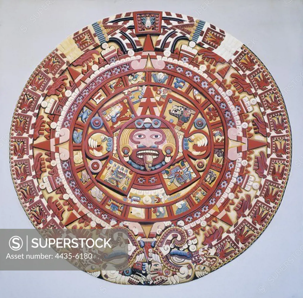 Aztec calendar (1479), also named 'Piedra del Sol' (Solar Stone) or 'Tonalpohualli'. MEXICO. FEDERAL DISTRICT. Mexico City. National Museum of Anthropology.