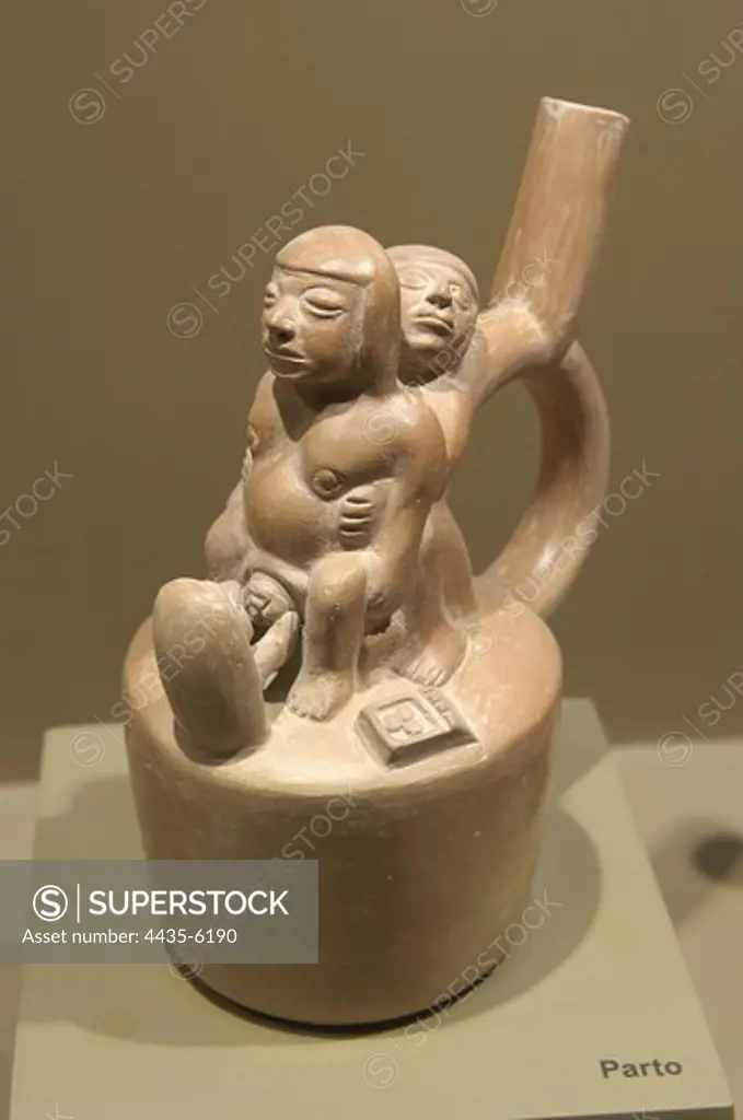 Ceramics depicting the stages of life (3rd c. AD). Childbirth. Moche or Mochica Art. PERU. LAMBAYEQUE. Sipn. Royal Tombs of Sipn Museum.