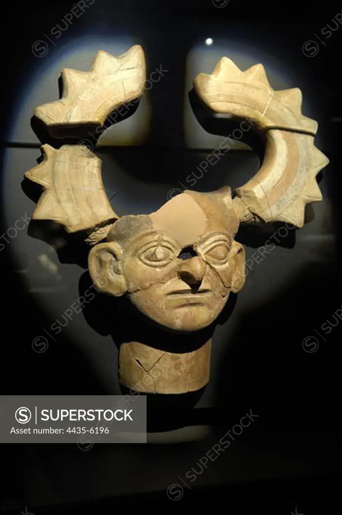 Mask (3rd c. AD). Moche or Mochica Art. PERU. LAMBAYEQUE. Sipn. Royal Tombs of Sipn Museum.