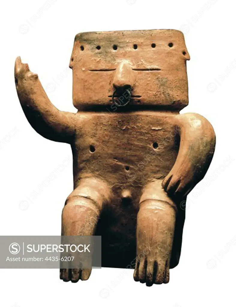Anthropomorphic figure of a man seated with nose ring. Quimbaya art. Ceramics. COLOMBIA. CUNDINAMARCA. Bogot. Gold Museum.