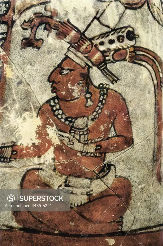 Multicoloured glazed ceramic with representation of warrior (7th c.). Maya art. Ceramics. GUATEMALA. PETEN. Tikal. National Museum of Archaeology and Ethnology.