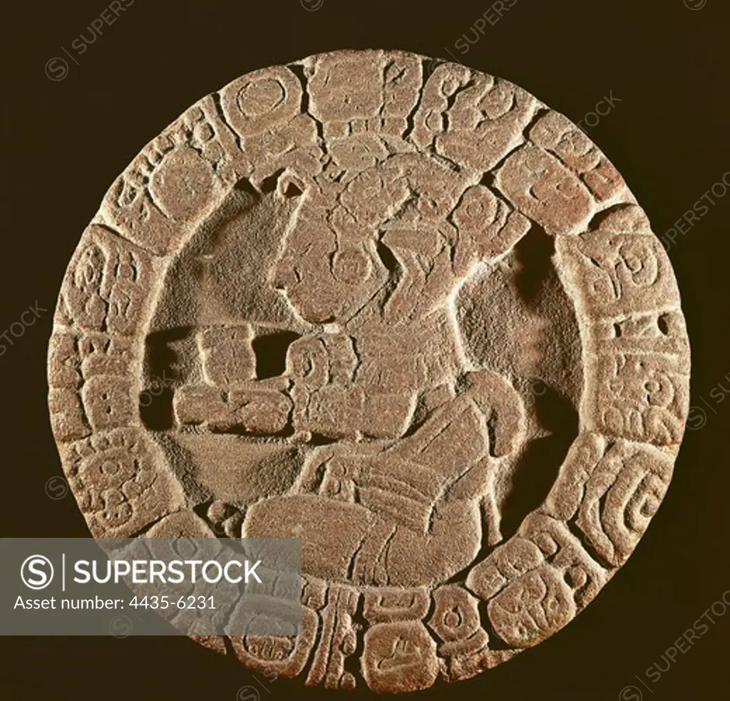 Disc from Tonin. 40-41. Maya art. Relief on rock. MEXICO. FEDERAL DISTRICT. Mexico City. National Museum of Anthropology. Proc: MEXICO. CHIAPAS. Ocosingo. Tonina.
