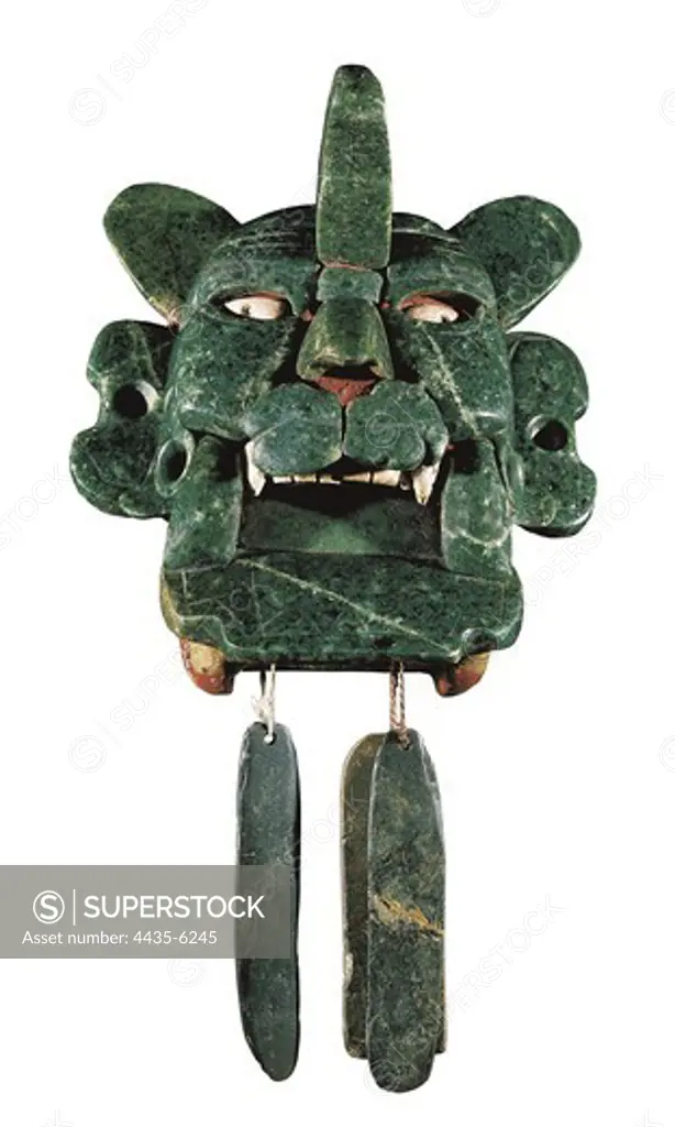 Jade mask of bat god. 6th-8th c. Maya art. Sculpture. MEXICO. FEDERAL DISTRICT. Mexico City. National Museum of Anthropology. Proc: MEXICO. OAXACA. Monte Albn.