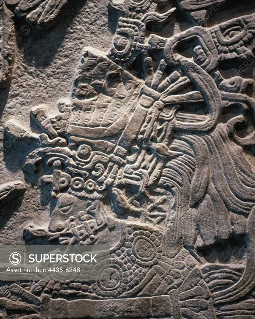Yaxchiln Lintel 53. 766. Late Classic period. Ritual scene with the governor Jaguar Shield, wearing quetzal feathers. Maya art. Relief on rock. MEXICO. FEDERAL DISTRICT. Mexico City. National Museum of Anthropology. Proc: MEXICO. CHIAPAS. Yaxchilan.