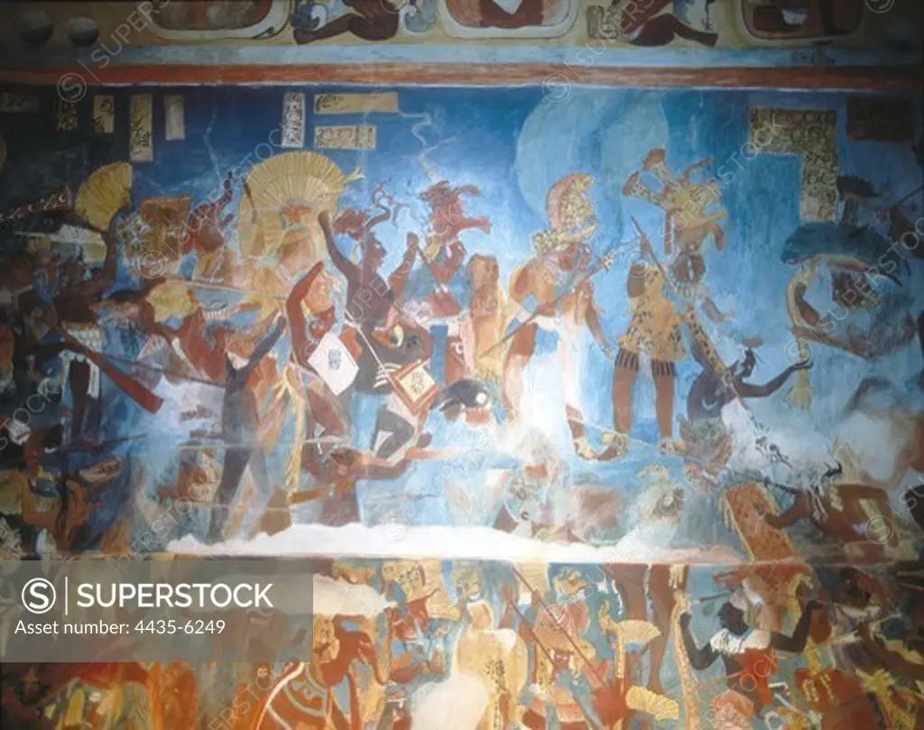 Replica of the Mayan wall paintings placed in Bonampak Temple in Chiapas. Late classical period (662-830). Batlle scene. Maya art. Sculpture. MEXICO. FEDERAL DISTRICT. Mexico City. National Museum of Anthropology.