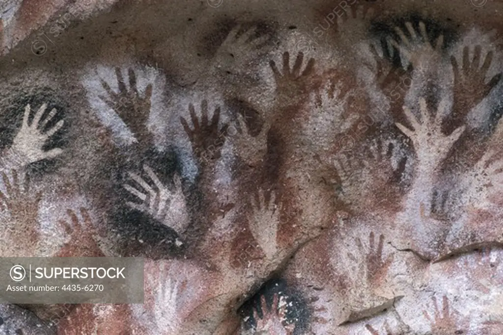 Cave of the Hands. ARGENTINA. SANTA CRUZ. Detail of the paintings. Neolithic art. Fresco.