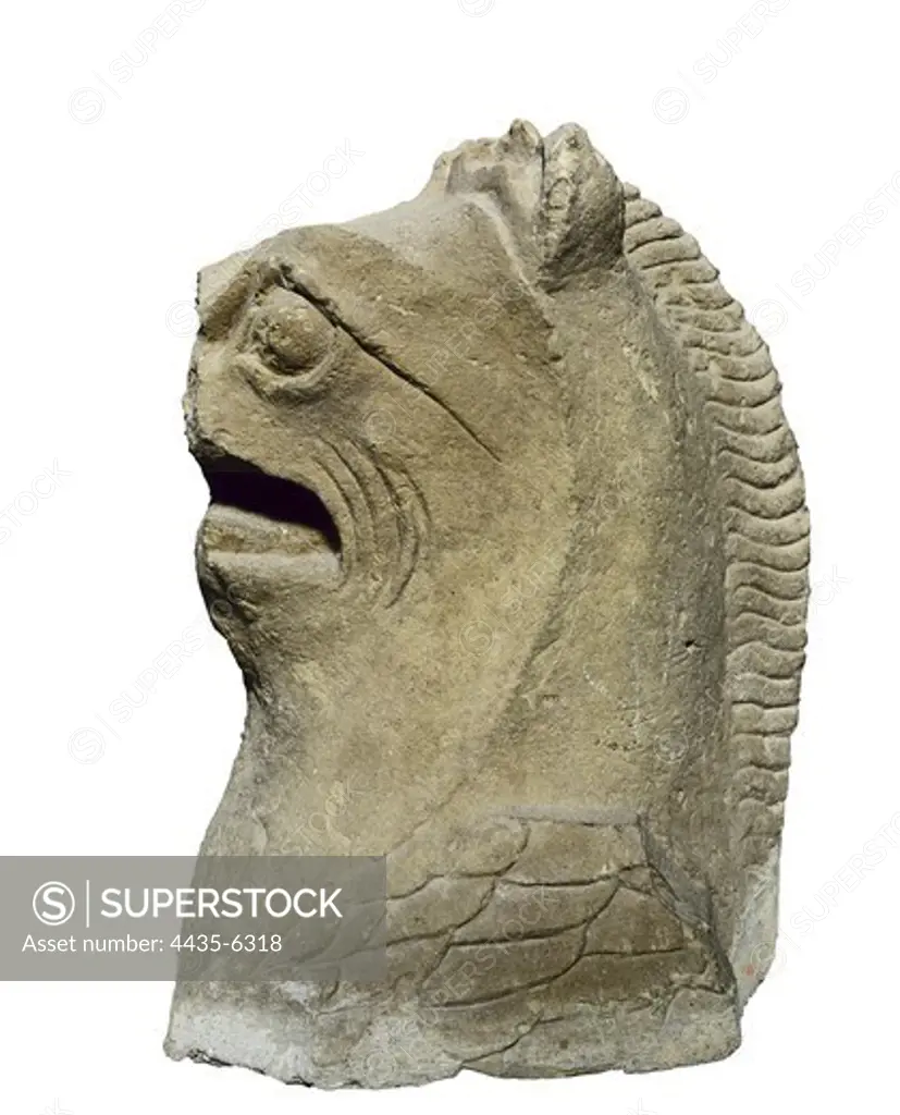 Griffin. 3rd BC. Iberian art. Sculpture on rock. SPAIN. VALENCIAN COMMUNITY. ALICANTE. Elche. Archaeological Museum of Elche. Proc: SPAIN. VALENCIAN COMMUNITY. ALICANTE. Elche. La Alcudia.