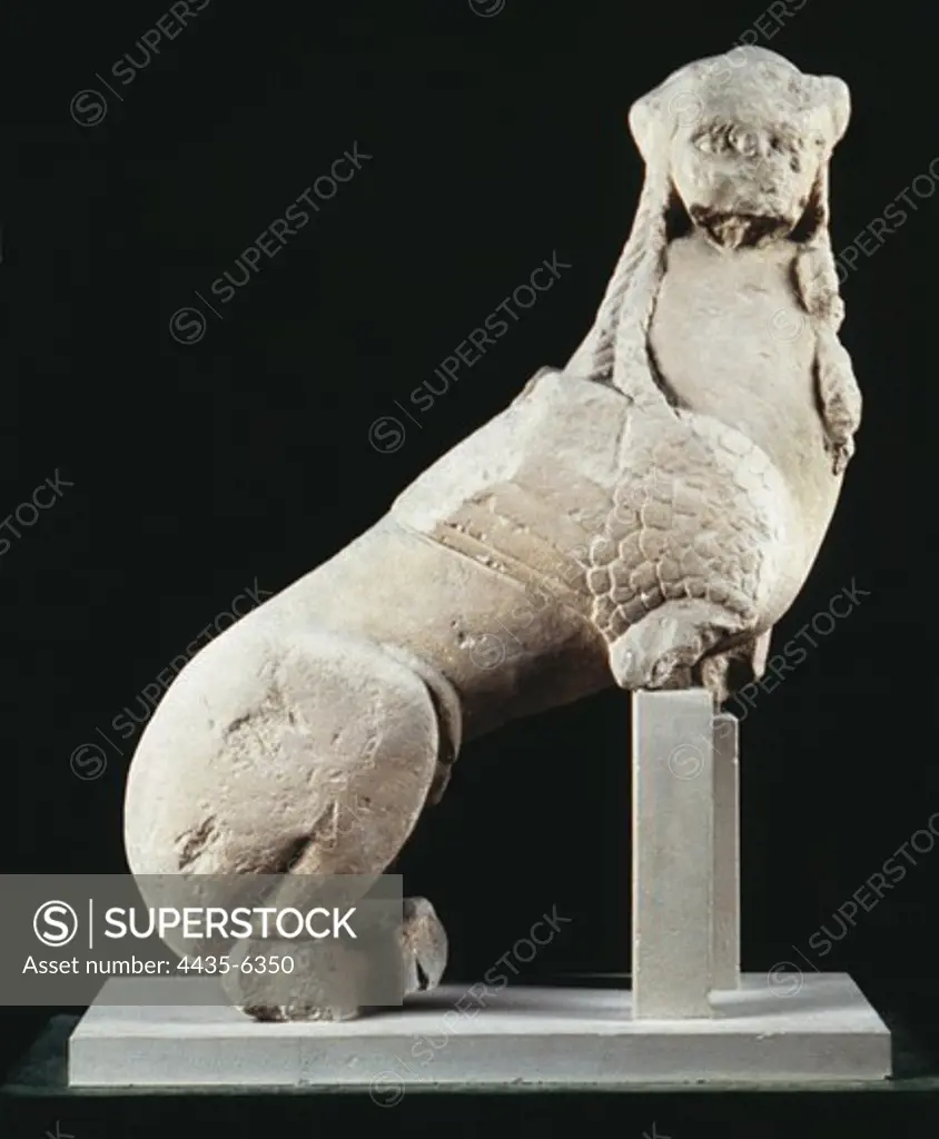 Sphinx from Agost. 6th c. - 5th c. BC. Iberian art. Sculpture on rock. SPAIN. MADRID (AUTONOMOUS COMMUNITY). Madrid. National Museum of Archaeology. Proc: SPAIN. VALENCIAN COMMUNITY. ALICANTE. Agost.
