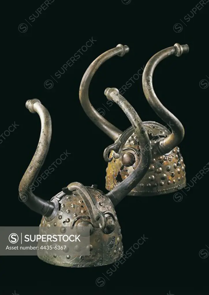 Bronze helmets. Bronze Age. Decorative Arts. DENMARK. ZEALAND. Copenhagen. National Museum. Proc: DENMARK. ZEALAND. COPENHAGEN. Vekso.