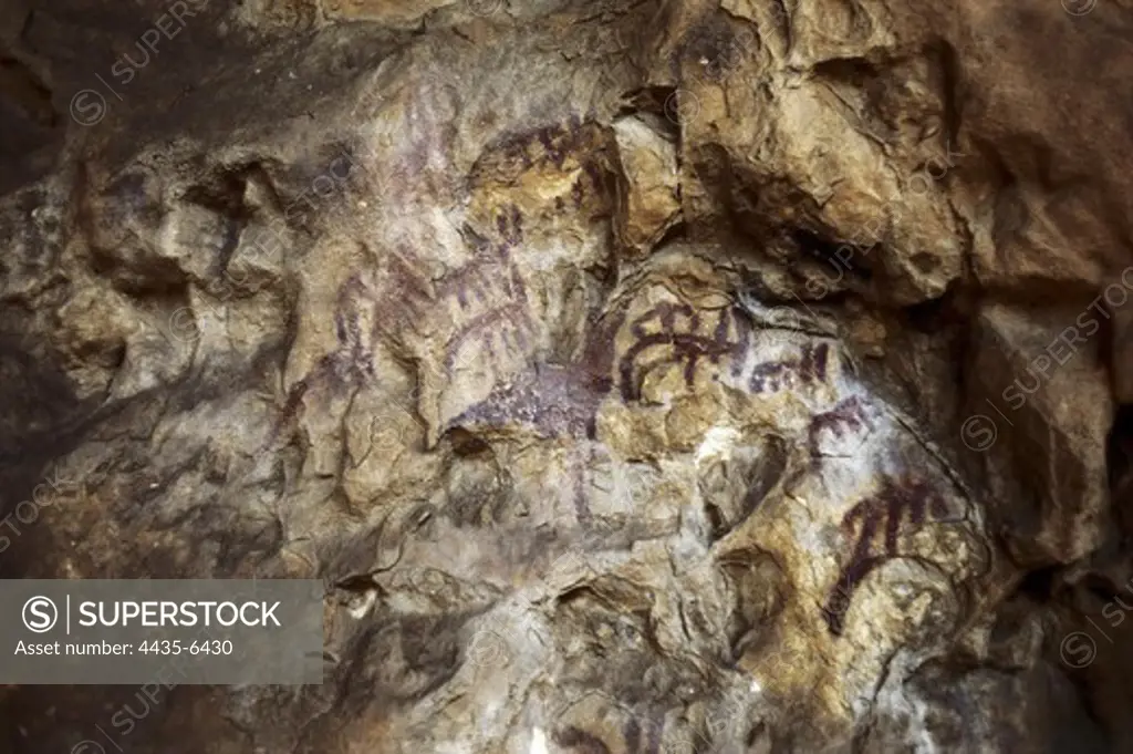 SPAIN. Santillana de Mar. Altamira Caves. Schematic figures. Upper Paleolithic. Magdalenian. Cave.