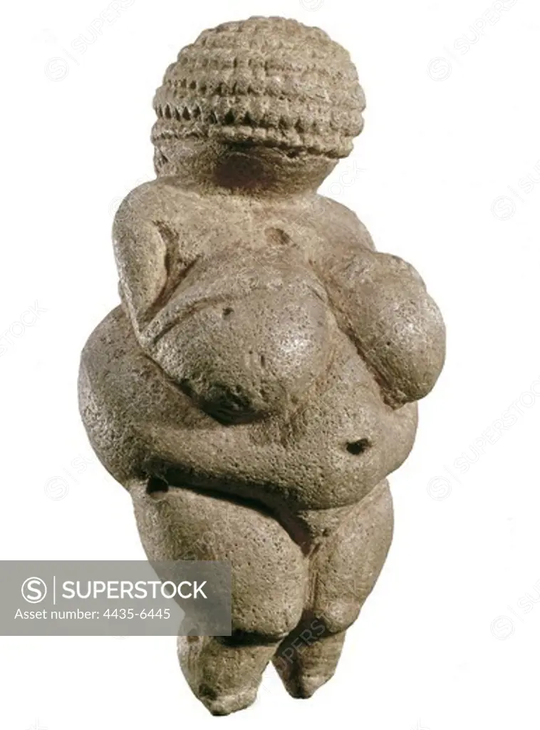 Venus of Willendorf. 23rd mil. BC. Fertility goddess. Upper Paleolithic. Gravettian. Sculpture on rock. AUSTRIA. VIENNA. Vienna. Natural History Museum. Proc: AUSTRIA. LOWER AUSTRIA. Willendorf.