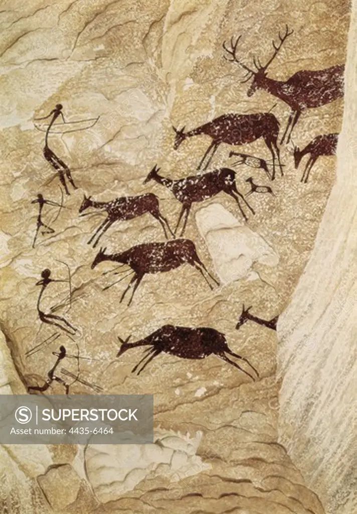 SPAIN. Tirig. Cova dels Cavalls (Horses Cave). Hunting scene. Mesolithic art. Cave.