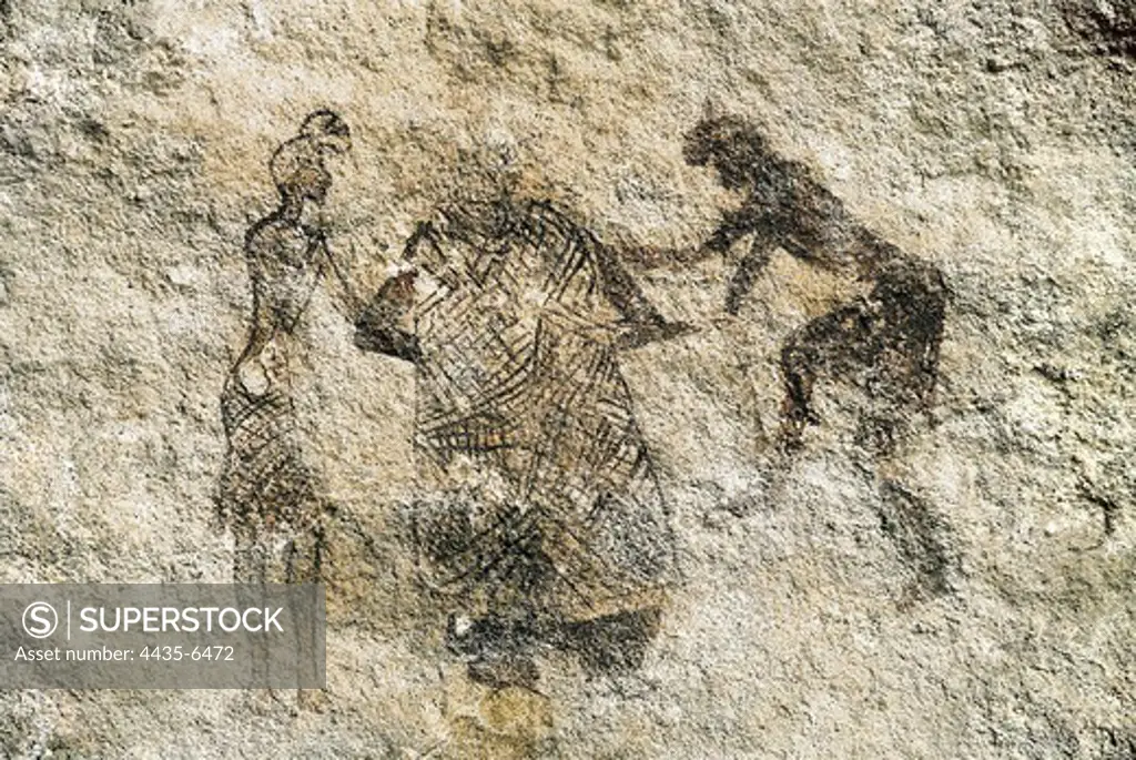 LIBYA. Tadrart Acacus. Anthropomorphic scene. Neolithic art. Cave.