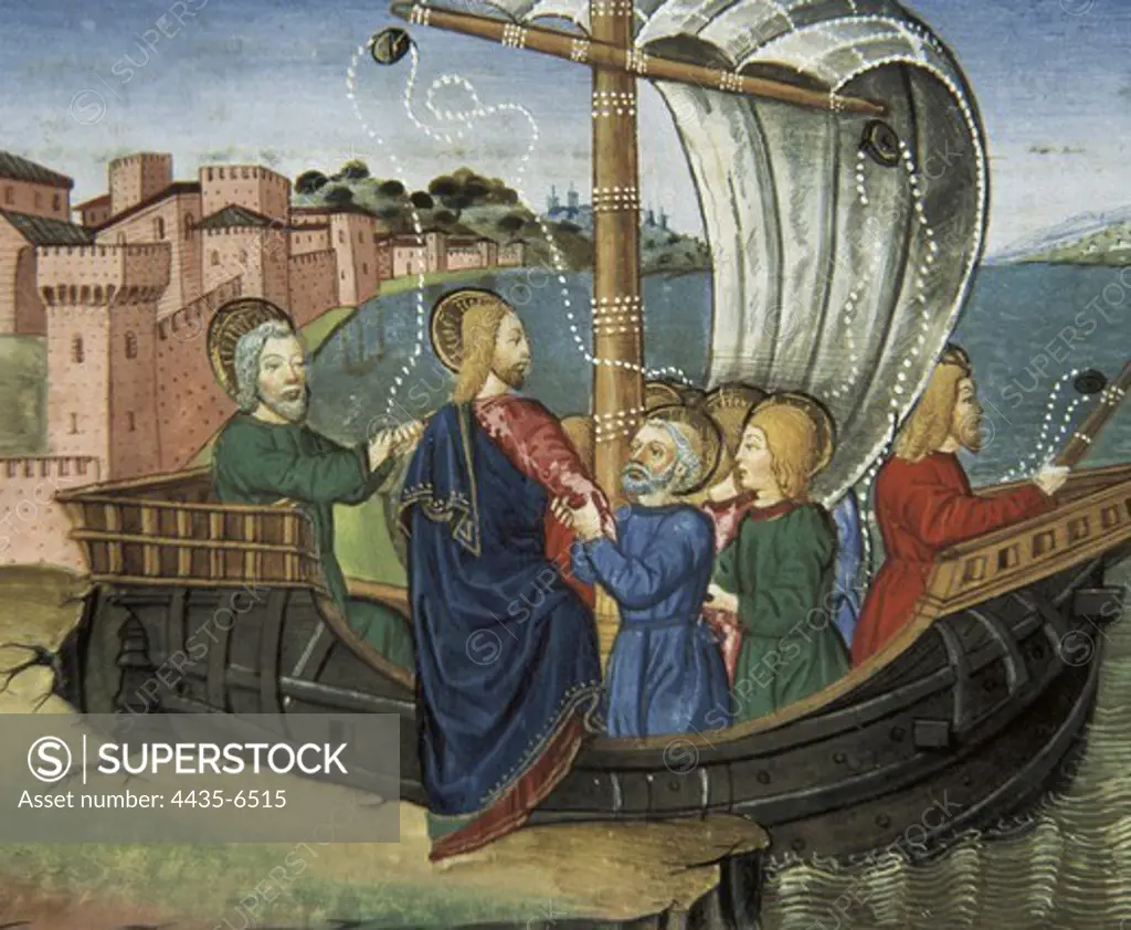 DE PREDIS, Cristoforo (1440-1486). Stories of Saint Joachim, Saint Anne, Virgin Mary, Jesus, the Baptist and the End of the World. 1476. Jesus commands to the disciples to go to Capernaum by boat while he goes to a mount to pray. Renaissance art. Quattrocento. Miniature Painting. ITALY. PIEDMONT. Turin. Royal Library.