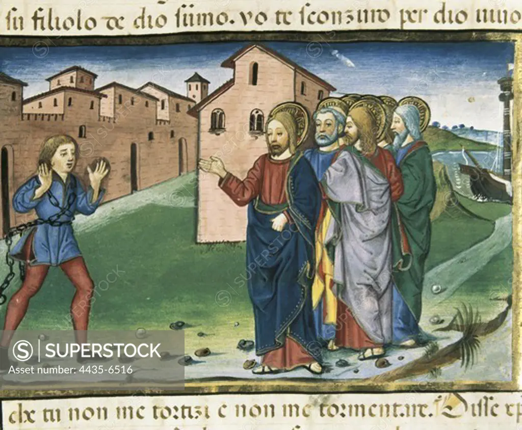 DE PREDIS, Cristoforo (1440-1486). Stories of Saint Joachim, Saint Anne, Virgin Mary, Jesus, the Baptist and the End of the World. 1476. Jesus finds a man possessed by Evil Spirits. Renaissance art. Quattrocento. Miniature Painting. ITALY. PIEDMONT. Turin. Royal Library.