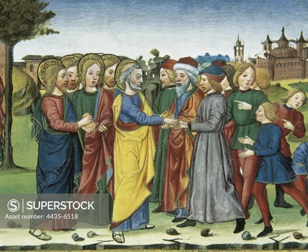 DE PREDIS, Cristoforo (1440-1486). Stories of Saint Joachim, Saint Anne, Virgin Mary, Jesus, the Baptist and the End of the World. 1476. Jesus tales five breads and two fishes and gives them to 500 people telling: be satisfied. Renaissance art. Quattrocento. Miniature Painting. ITALY. PIEDMONT. Turin. Royal Library.