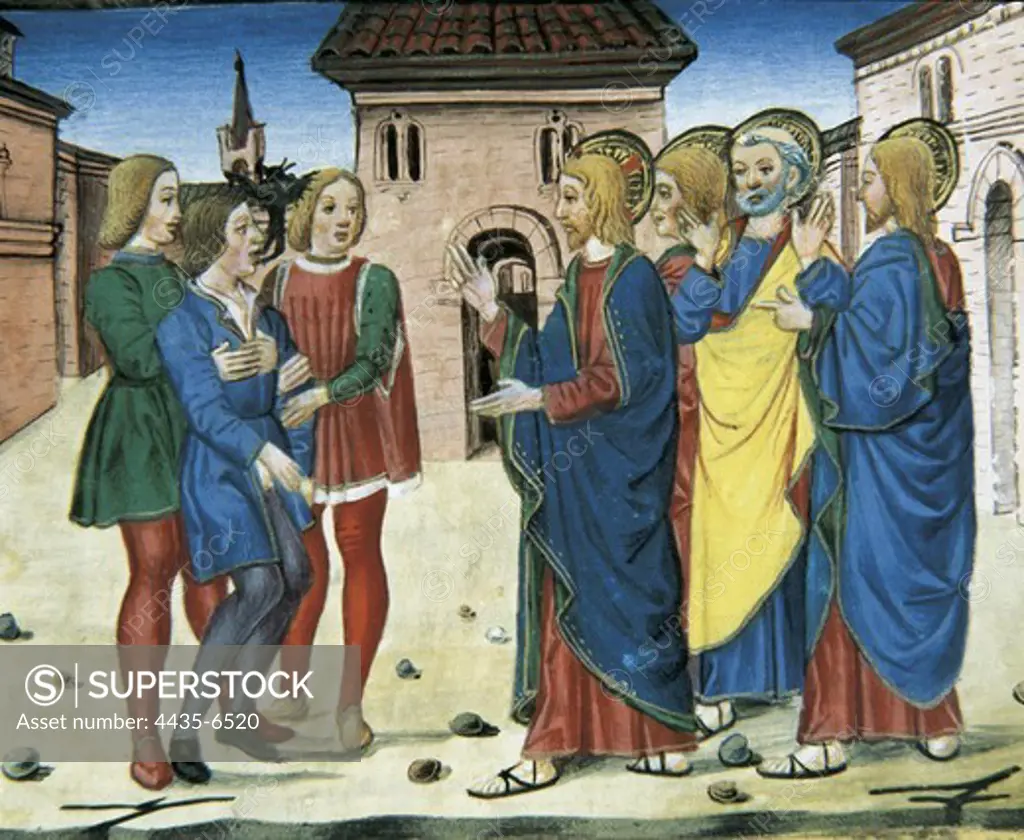 DE PREDIS, Cristoforo (1440-1486). Stories of Saint Joachim, Saint Anne, Virgin Mary, Jesus, the Baptist and the End of the World. 1476. Jesus heals a possessed dumb. Renaissance art. Quattrocento. Miniature Painting. ITALY. PIEDMONT. Turin. Royal Library.