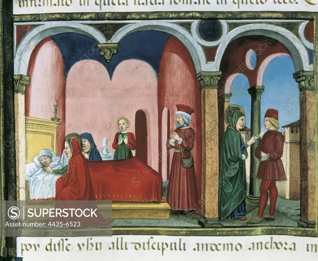 DE PREDIS, Cristoforo (1440-1486). Stories of Saint Joachim, Saint Anne, Virgin Mary, Jesus, the Baptist and the End of the World. 1476. Lazarus of Bethany was sick and it was told to Jesus. Renaissance art. Quattrocento. Miniature Painting. ITALY. PIEDMONT. Turin. Royal Library.