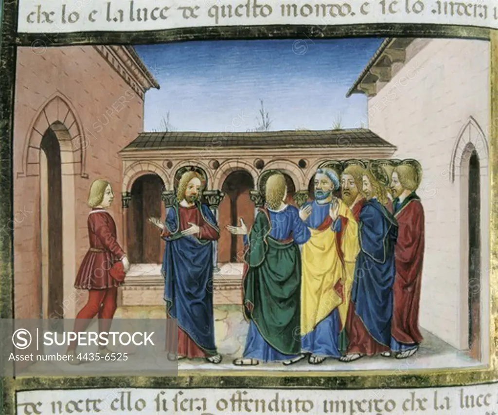 DE PREDIS, Cristoforo (1440-1486). Stories of Saint Joachim, Saint Anne, Virgin Mary, Jesus, the Baptist and the End of the World. 1476. Jesus says that the sickness of Lazarus of Bethany is not mortal. Renaissance art. Quattrocento. Miniature Painting. ITALY. PIEDMONT. Turin. Royal Library.
