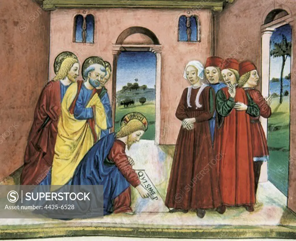 DE PREDIS, Cristoforo (1440-1486). Stories of Saint Joachim, Saint Anne, Virgin Mary, Jesus, the Baptist and the End of the World. 1476. Jesus before an adulterous woman writes on the ground of the temple: Who has never sinned throw the first stone, and then tells to her: go and don't sin again. Renaissance art. Quattrocento. Miniature Painting. ITALY. PIEDMONT. Turin. Royal Library.