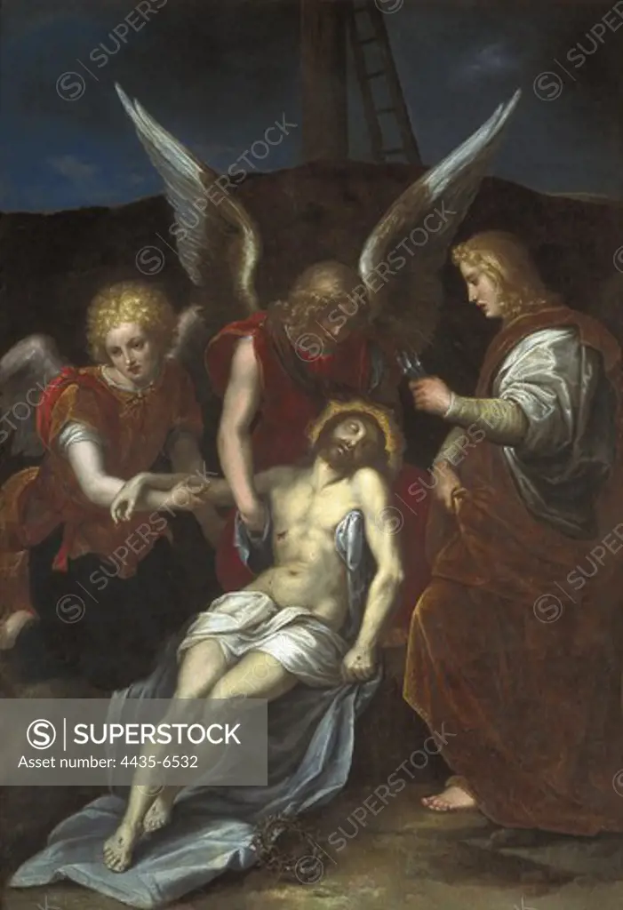 Dead Jesus held by angels. 16th c. Anonymous. Oil on wood. ITALY. LAZIO. Rome. Galleria Nazionale d'Arte Antica (National Gallery of Ancient Art).