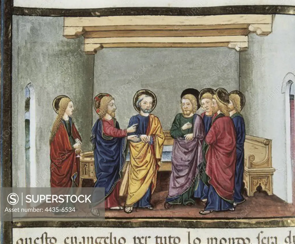 DE PREDIS, Cristoforo (1440-1486). Stories of Saint Joachim, Saint Anne, Virgin Mary, Jesus, the Baptist and the End of the World. 1476. On the remark if it would be better to sell the ointments and give the money to the poors, Jesus says: He and the poors will always be near them. Renaissance art. Quattrocento. Miniature Painting. ITALY. PIEDMONT. Turin. Royal Library.