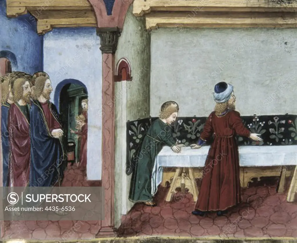 DE PREDIS, Cristoforo (1440-1486). Stories of Saint Joachim, Saint Anne, Virgin Mary, Jesus, the Baptist and the End of the World. 1476. The disciples in the cenacle, prepared as Jesus commanded. Renaissance art. Quattrocento. Miniature Painting. ITALY. PIEDMONT. Turin. Royal Library.