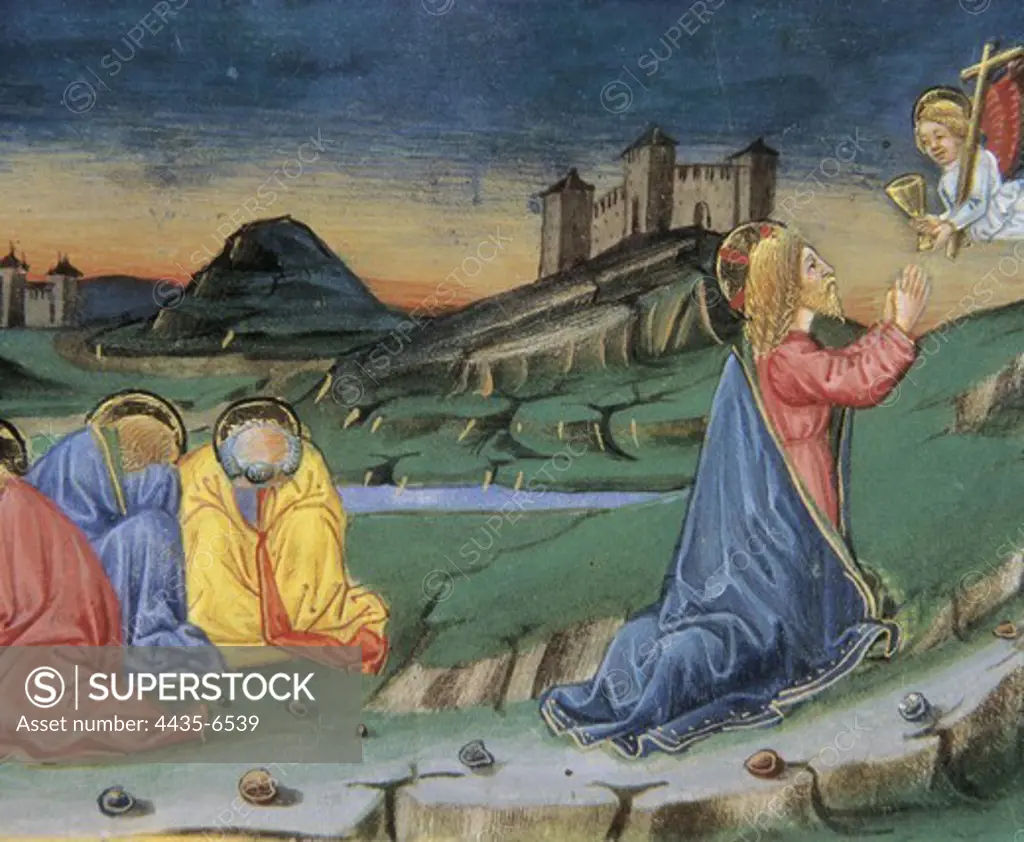 DE PREDIS, Cristoforo (1440-1486). Stories of Saint Joachim, Saint Anne, Virgin Mary, Jesus, the Baptist and the End of the World. 1476. After having prayed at Mount of Olives, an angel from the sky comes to comfort Jesus. Renaissance art. Quattrocento. Miniature Painting. ITALY. PIEDMONT. Turin. Royal Library.