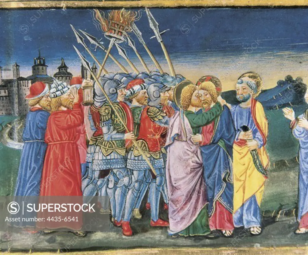 DE PREDIS, Cristoforo (1440-1486). Stories of Saint Joachim, Saint Anne, Virgin Mary, Jesus, the Baptist and the End of the World. 1476. Judas aproaches Jesus, and then soldiers arrest him. Renaissance art. Quattrocento. Miniature Painting. ITALY. PIEDMONT. Turin. Royal Library.