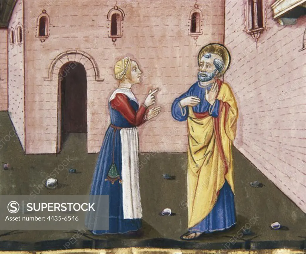 DE PREDIS, Cristoforo (1440-1486). Stories of Saint Joachim, Saint Anne, Virgin Mary, Jesus, the Baptist and the End of the World. 1476. Peter, discobered for a servant, denies knowing Jesus the second time. Renaissance art. Quattrocento. Miniature Painting. ITALY. PIEDMONT. Turin. Royal Library.
