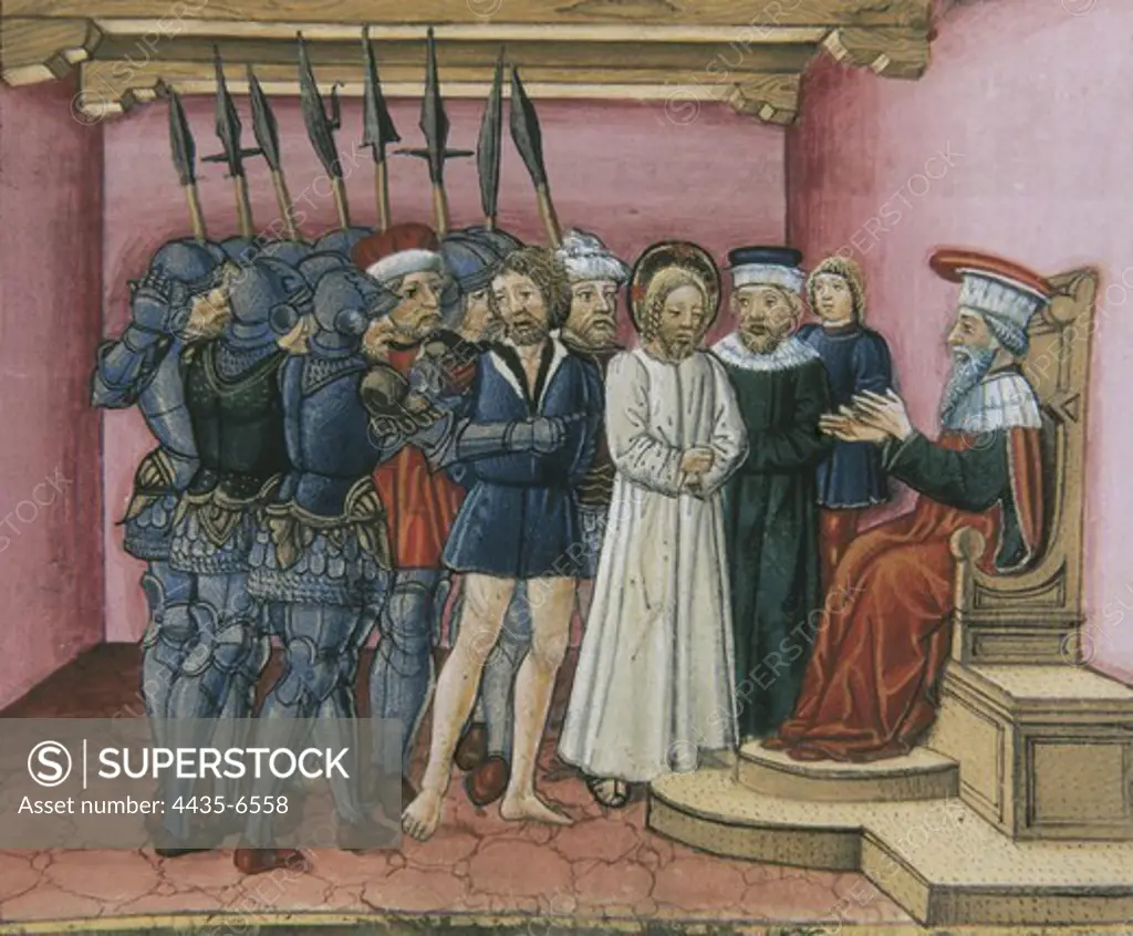DE PREDIS, Cristoforo (1440-1486). Stories of Saint Joachim, Saint Anne, Virgin Mary, Jesus, the Baptist and the End of the World. 1476. Pilate ask to Jews if they prefer release the bandit Barabbas or Jesus. Renaissance art. Quattrocento. Miniature Painting. ITALY. PIEDMONT. Turin. Royal Library.