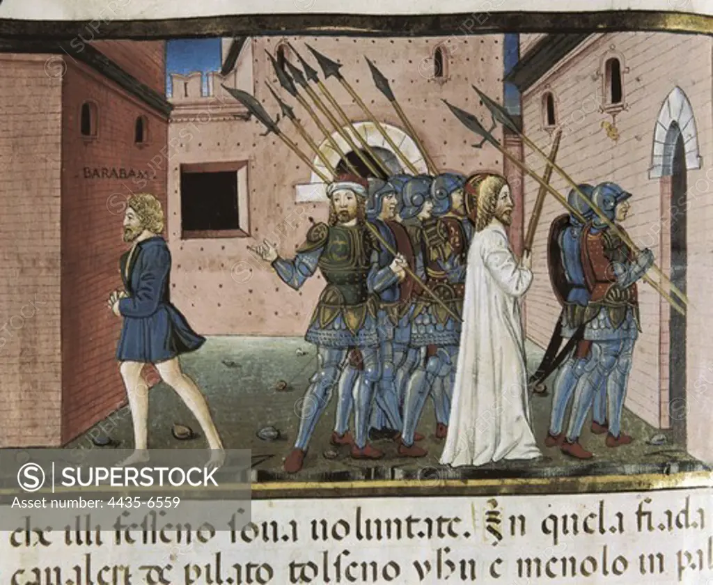 DE PREDIS, Cristoforo (1440-1486). Stories of Saint Joachim, Saint Anne, Virgin Mary, Jesus, the Baptist and the End of the World. 1476. Pilate releases Barabbas and makes Jesus be crucified. Renaissance art. Quattrocento. Miniature Painting. ITALY. PIEDMONT. Turin. Royal Library.
