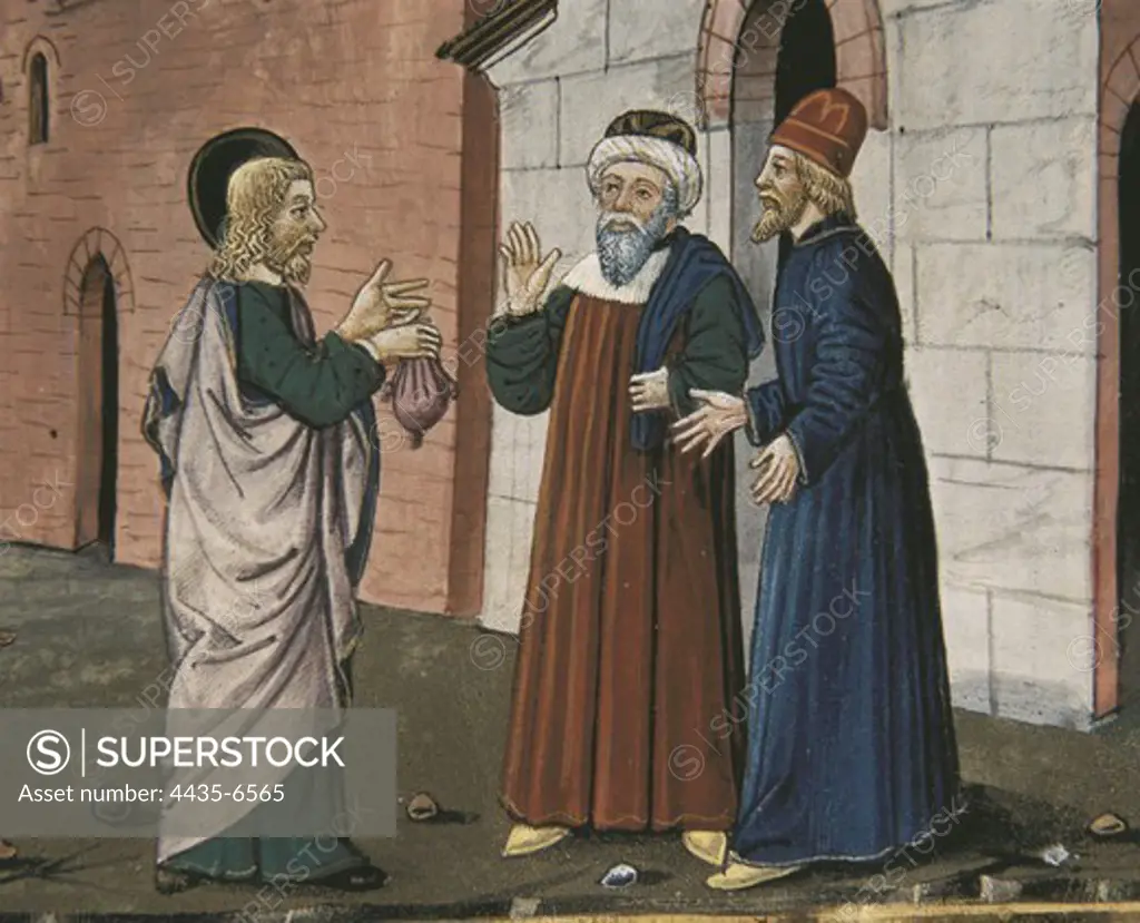 DE PREDIS, Cristoforo (1440-1486). Stories of Saint Joachim, Saint Anne, Virgin Mary, Jesus, the Baptist and the End of the World. 1476. Judas speaks to the priests saying that he has betrayed the innocent blood of Jesus. Renaissance art. Quattrocento. Miniature Painting. ITALY. PIEDMONT. Turin. Royal Library.