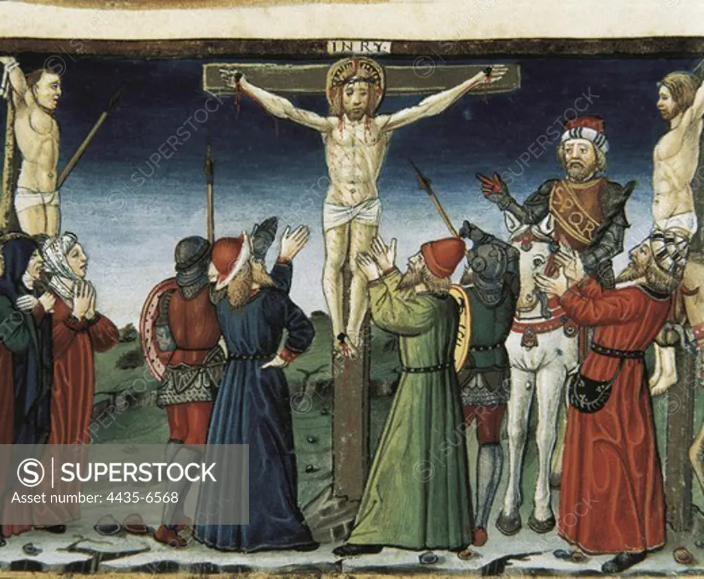 DE PREDIS, Cristoforo (1440-1486). Stories of Saint Joachim, Saint Anne, Virgin Mary, Jesus, the Baptist and the End of the World. 1476. Jesus crucified is surrounded by a crying crowd in the Calvary. Renaissance art. Quattrocento. Miniature Painting. ITALY. PIEDMONT. Turin. Royal Library.