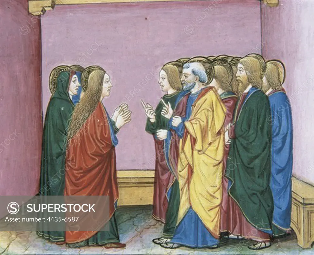 DE PREDIS, Cristoforo (1440-1486). Stories of Saint Joachim, Saint Anne, Virgin Mary, Jesus, the Baptist and the End of the World. 1476. The Three Mary announcing to the dsciples that Jesus has resurrected. Renaissance art. Quattrocento. Miniature Painting. ITALY. PIEDMONT. Turin. Royal Library.