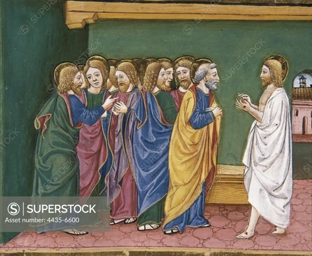 DE PREDIS, Cristoforo (1440-1486). Stories of Saint Joachim, Saint Anne, Virgin Mary, Jesus, the Baptist and the End of the World. 1476. Jesus resurrected appears to the disciples, gathered together in a house. Renaissance art. Quattrocento. Miniature Painting. ITALY. PIEDMONT. Turin. Royal Library.