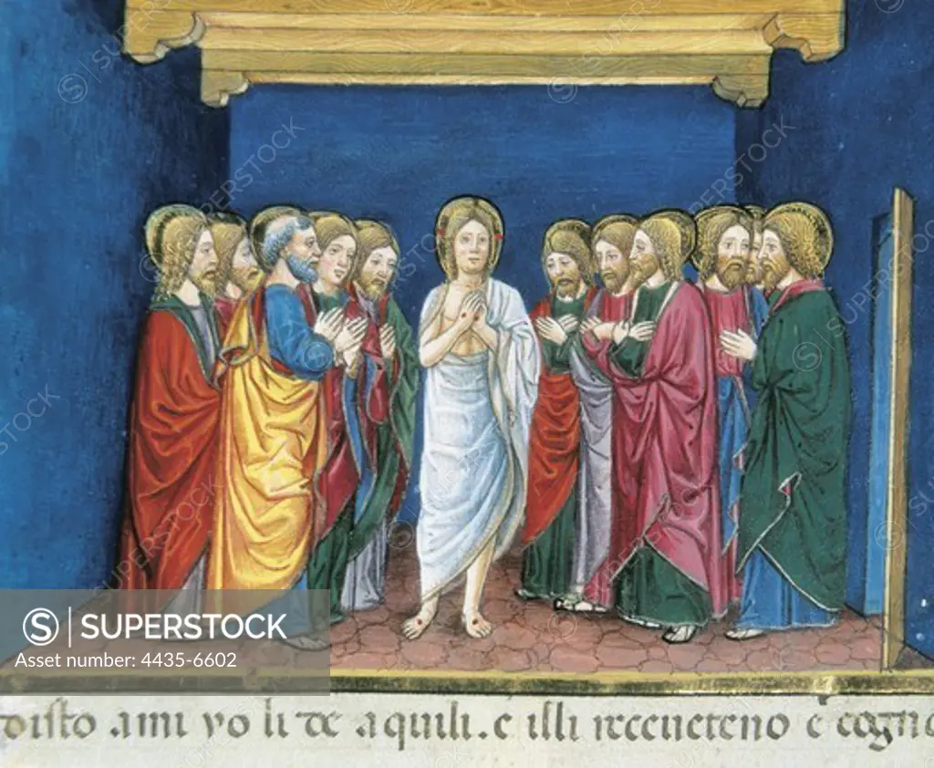 DE PREDIS, Cristoforo (1440-1486). Stories of Saint Joachim, Saint Anne, Virgin Mary, Jesus, the Baptist and the End of the World. 1476. Jesus resurrected rises his eyes to heaven and tells a parable. Renaissance art. Quattrocento. Miniature Painting. ITALY. PIEDMONT. Turin. Royal Library.