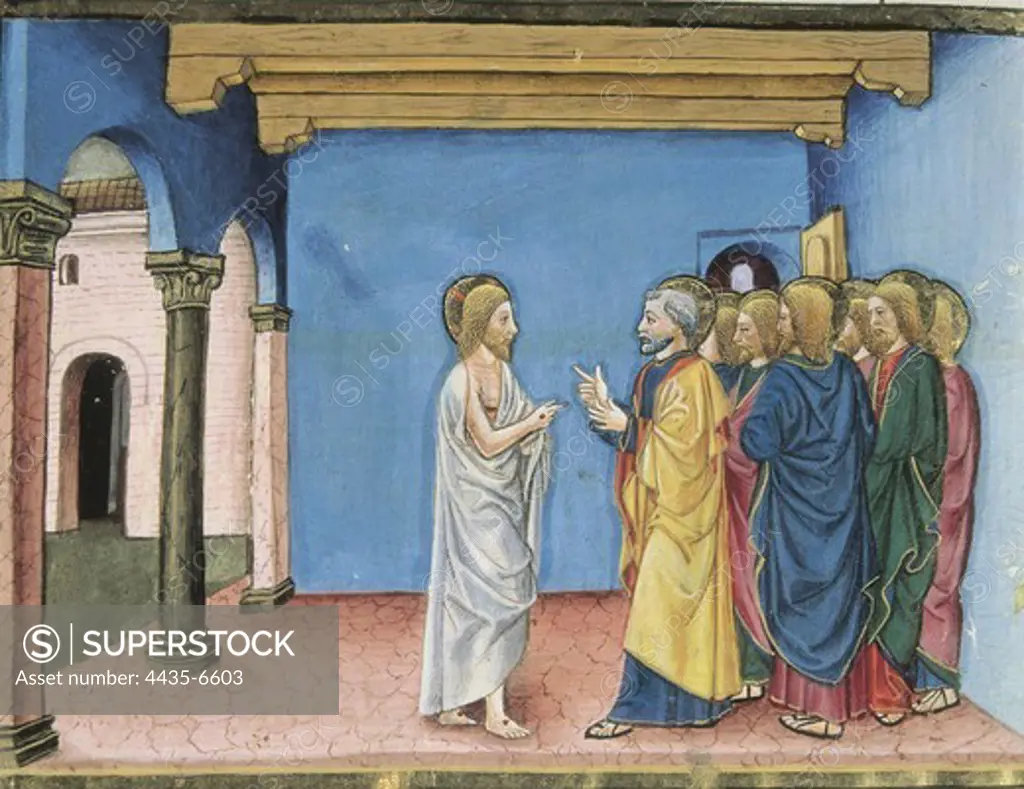 DE PREDIS, Cristoforo (1440-1486). Stories of Saint Joachim, Saint Anne, Virgin Mary, Jesus, the Baptist and the End of the World. 1476. Jesus resurrected tells to Peter: tale care of my sheeps. Renaissance art. Quattrocento. Miniature Painting. ITALY. PIEDMONT. Turin. Royal Library.