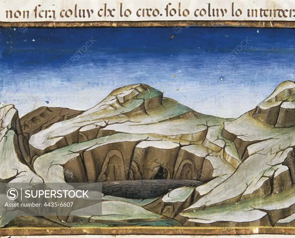 DE PREDIS, Cristoforo (1440-1486). Stories of Saint Joachim, Saint Anne, Virgin Mary, Jesus, the Baptist and the End of the World. 1476. The End of the World and the Last Judgement: A great mountain will rise (1st time). Renaissance art. Quattrocento. Miniature Painting. ITALY. PIEDMONT. Turin. Royal Library.