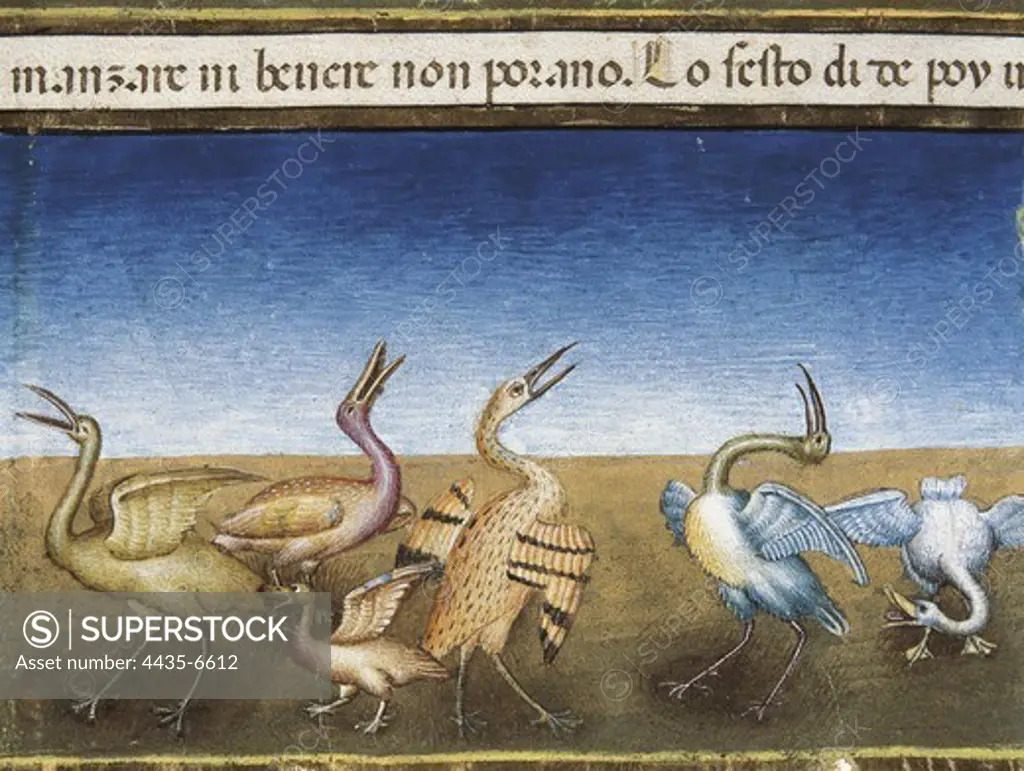 DE PREDIS, Cristoforo (1440-1486). Stories of Saint Joachim, Saint Anne, Virgin Mary, Jesus, the Baptist and the End of the World. 1476. The End of the World and the Last Judgement: Birds will fly over the fields unable to eat or drink (5th time). Renaissance art. Quattrocento. Miniature Painting. ITALY. PIEDMONT. Turin. Royal Library.